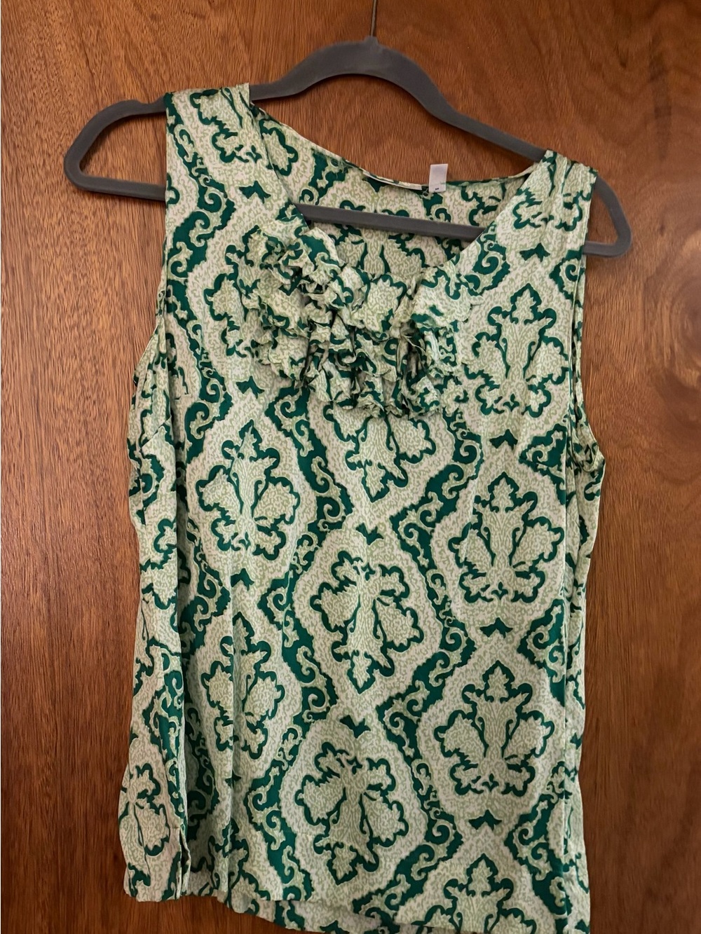 Halogen Green and Cream Ruffle-Neck Sleeveless Top